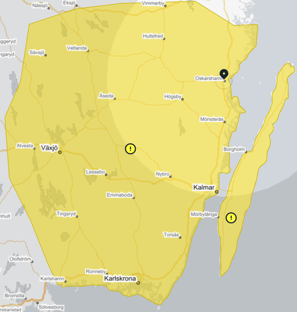 Gul varning visar ett område över sydöstra Götaland