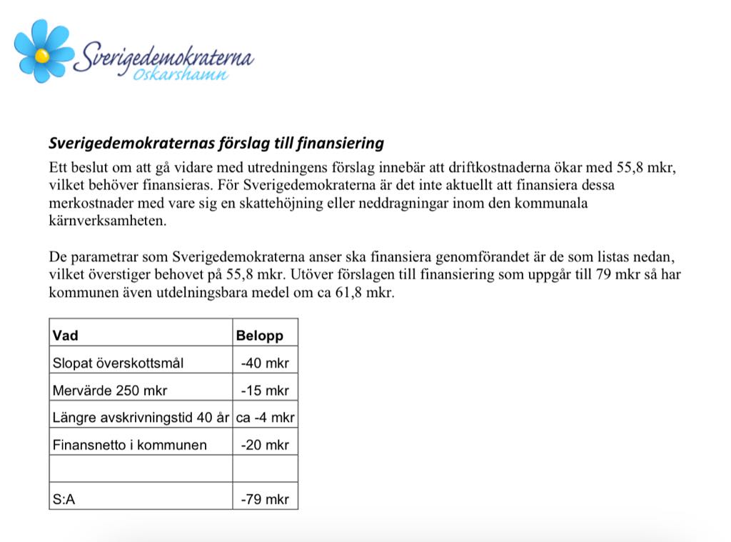 SD:s finansieringsförslag i arenafrågan i Oskarshamn 