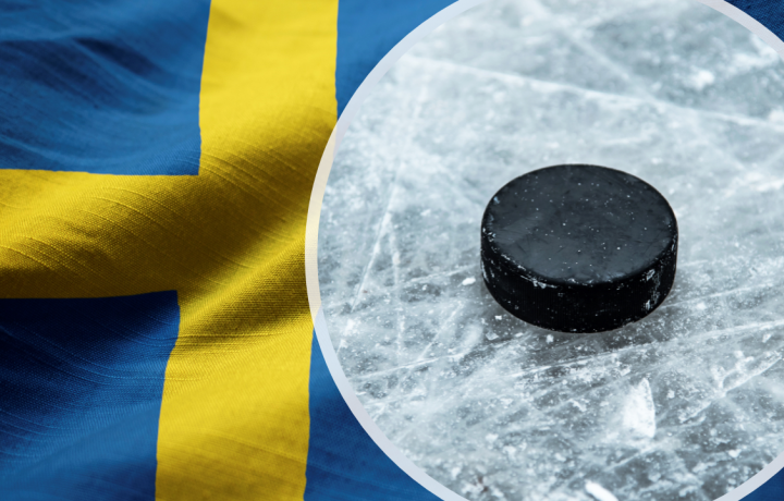 Svensk flagga med en infälld hockepuck