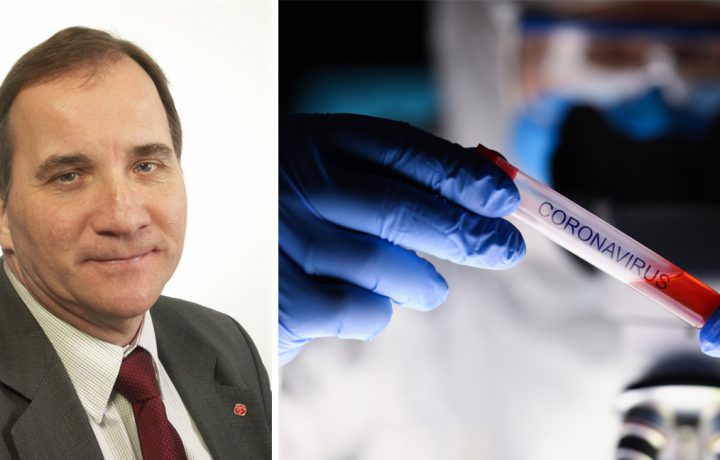 Stefan Löfven jämte ett Coronavirusprov