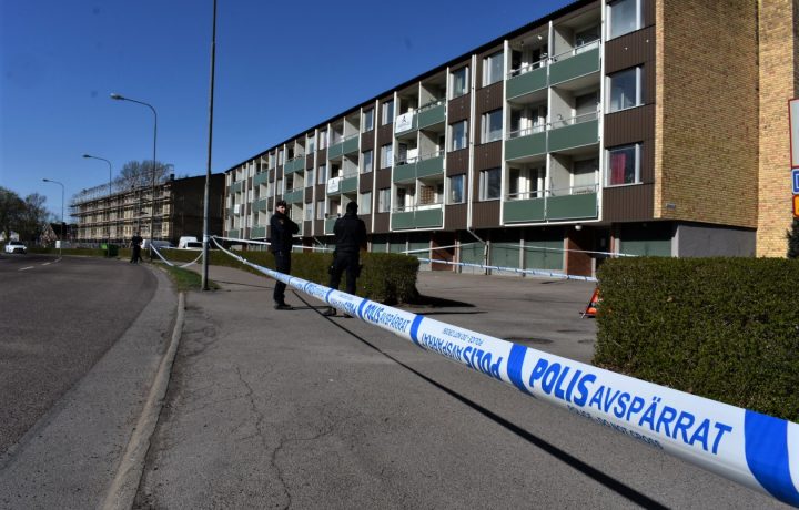 Polisens tekniker och hundförare undersöker en plats på Humleplan i Oskarshamn, misstänkt mord.