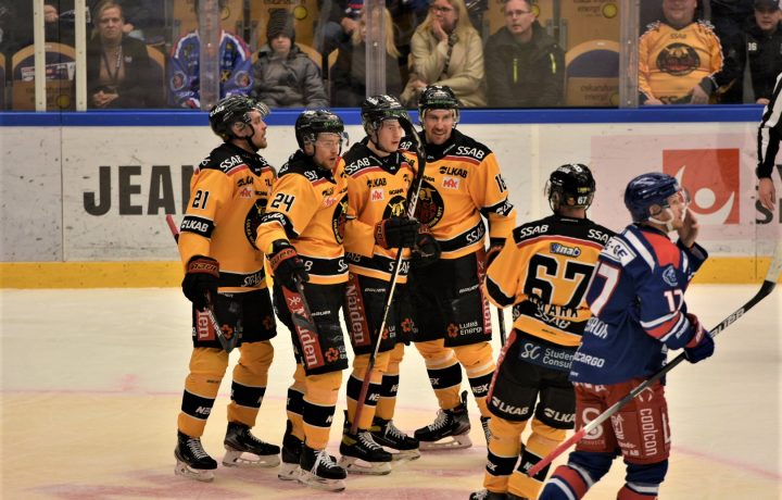 Luleå jublar efter ett mål mot IK Oskarshamn i hockeyns SHL