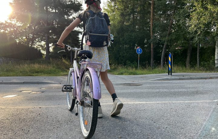 Skolelev med cykel vid övergångsställe